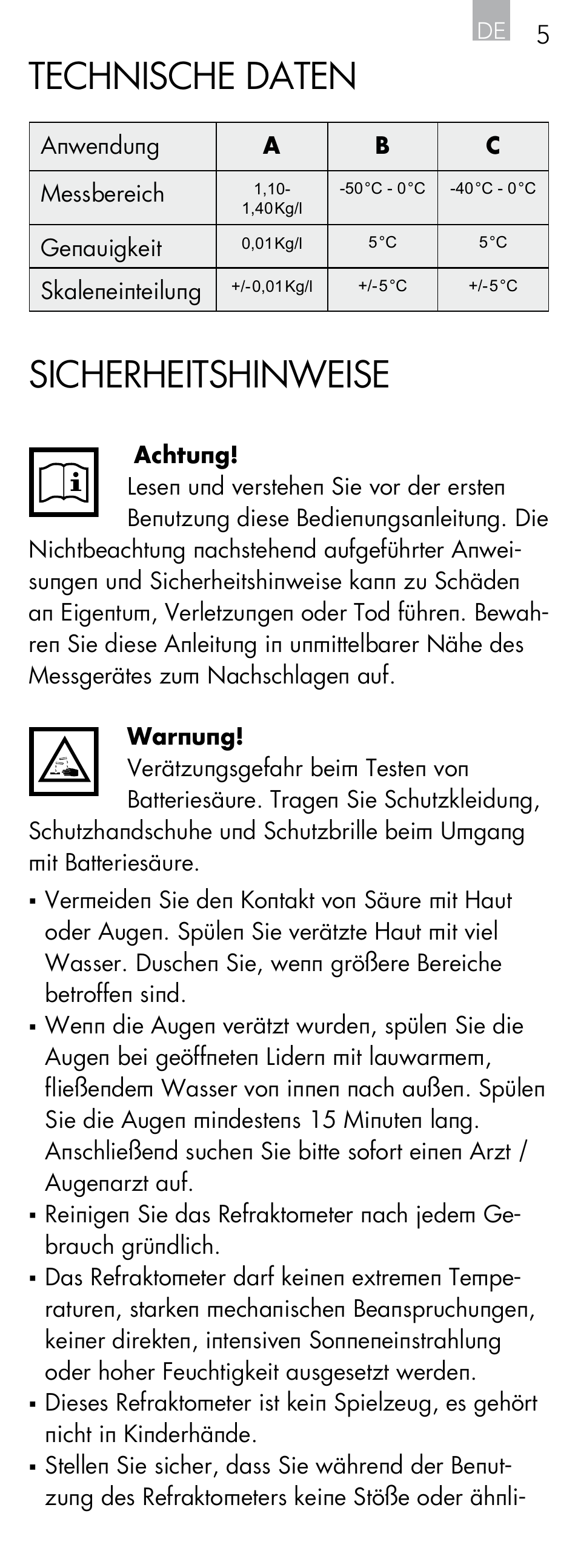 Technische daten, Sicherheitshinweise | AEG Refractometer RX 3 User Manual | Page 5 / 60