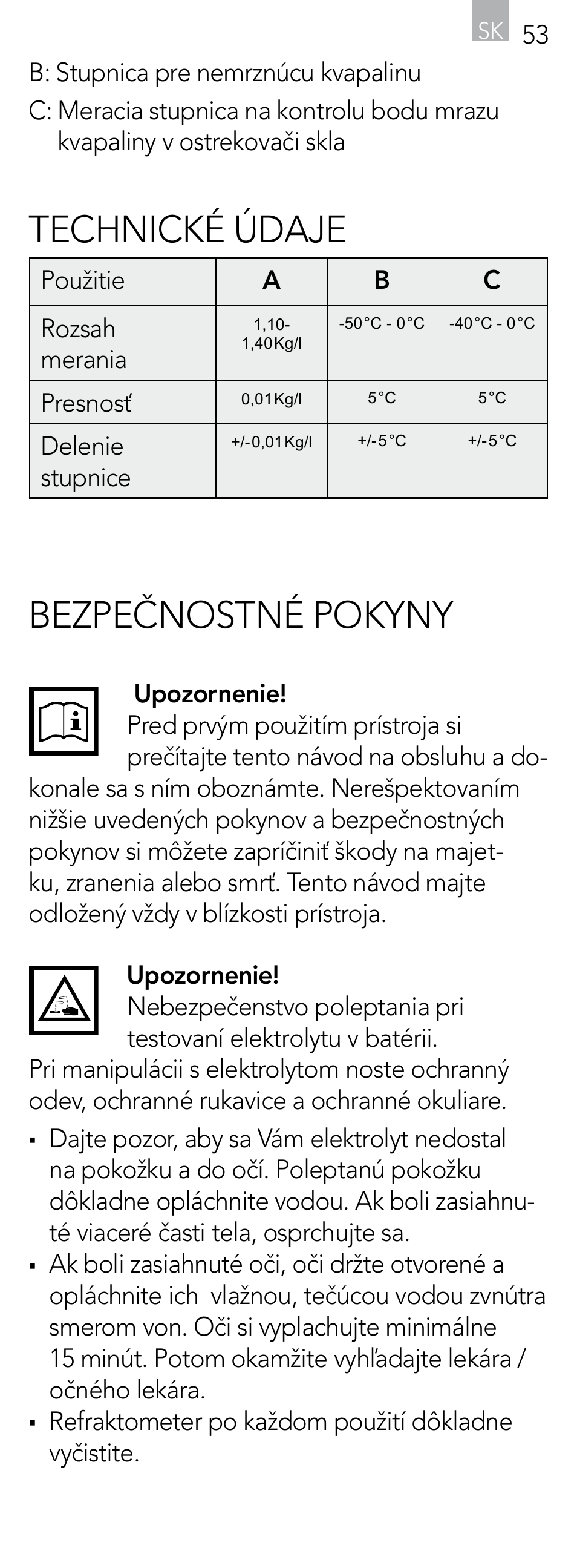 Technické údaje, Bezpečnostné pokyny | AEG Refractometer RX 3 User Manual | Page 53 / 60