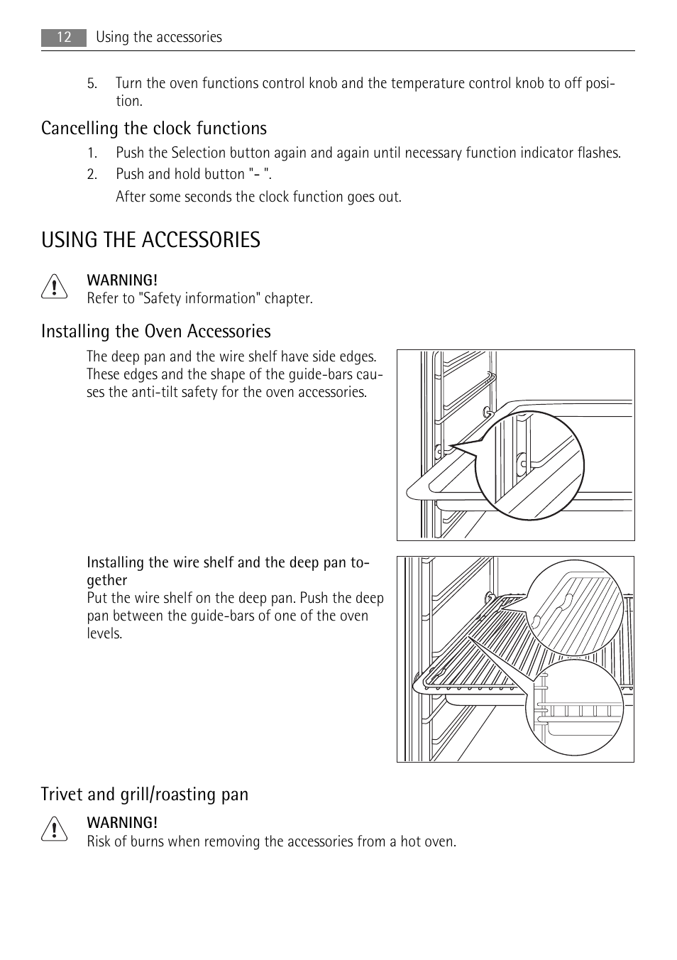 Using the accessories, Cancelling the clock functions, Installing the oven accessories | Trivet and grill/roasting pan | AEG BP8715001M User Manual | Page 12 / 32