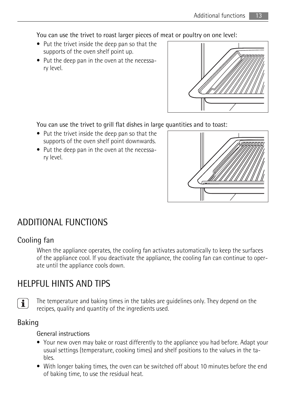 Additional functions, Helpful hints and tips, Cooling fan | Baking | AEG BP8715001M User Manual | Page 13 / 32