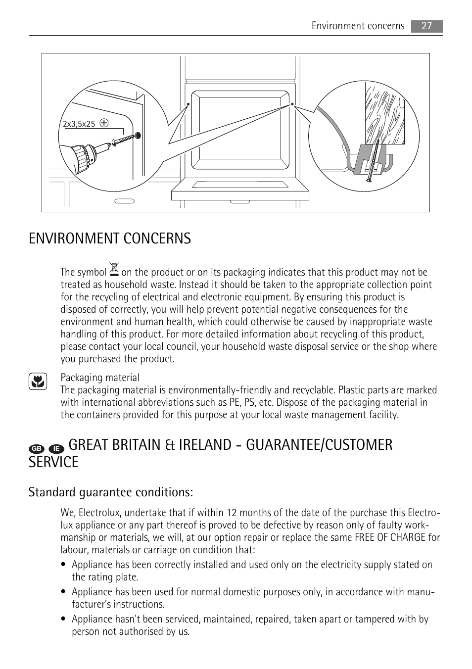 Environment concerns, Standard guarantee conditions | AEG BP8715001M User Manual | Page 27 / 32