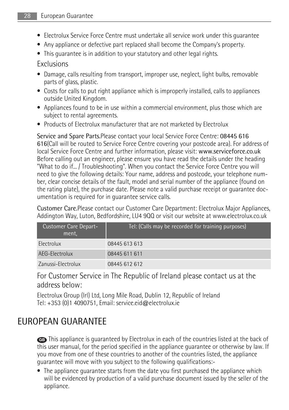 European guarantee, Exclusions | AEG BP8715001M User Manual | Page 28 / 32