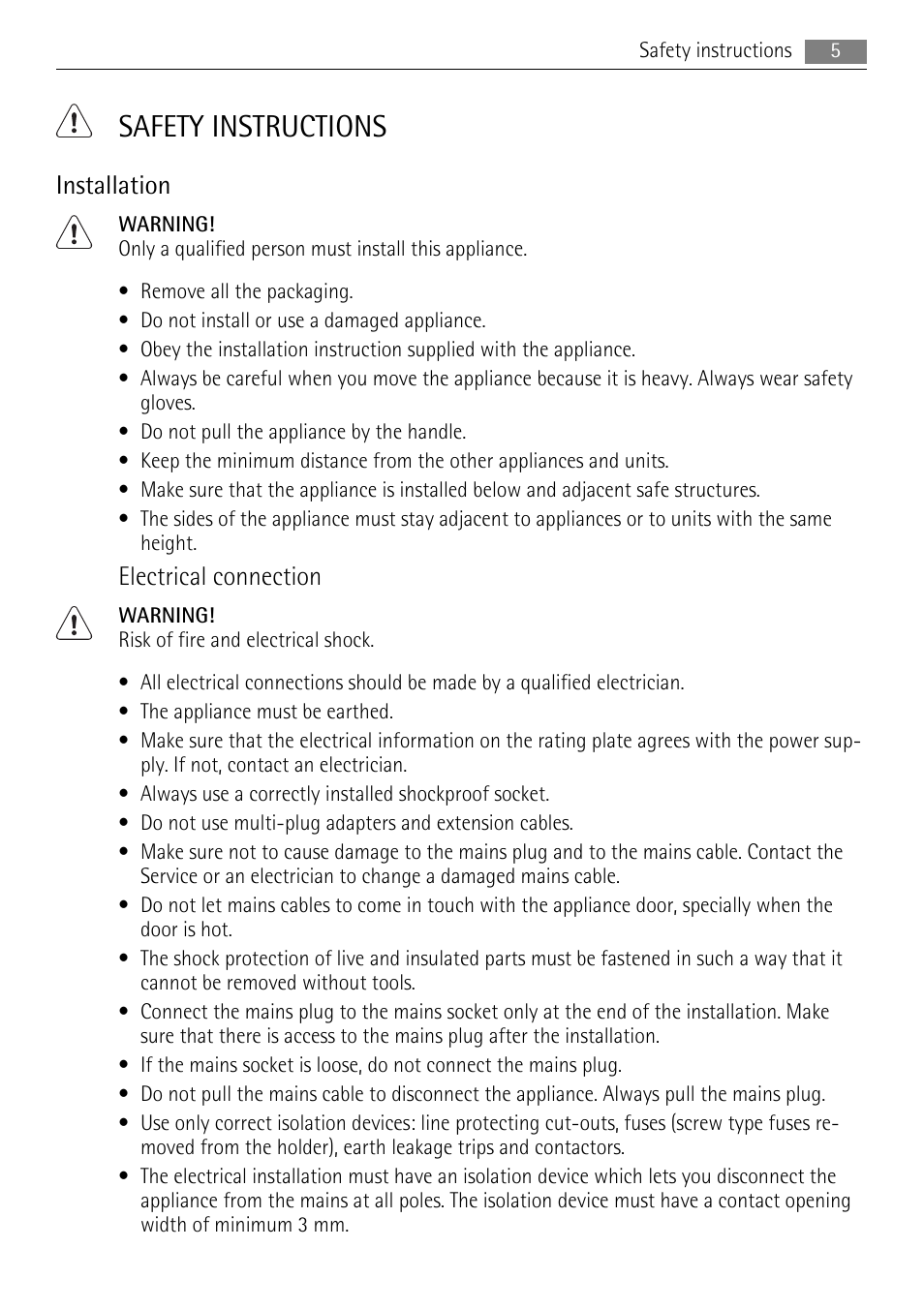 Safety instructions, Installation, Electrical connection | AEG BP8715001M User Manual | Page 5 / 32