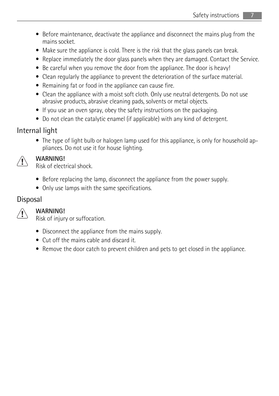 Internal light, Disposal | AEG BP8715001M User Manual | Page 7 / 32