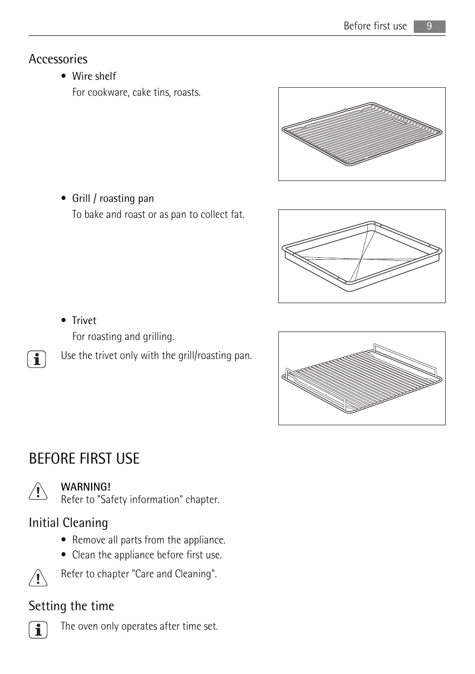 Before first use, Accessories, Initial cleaning | Setting the time | AEG BP8715001M User Manual | Page 9 / 32