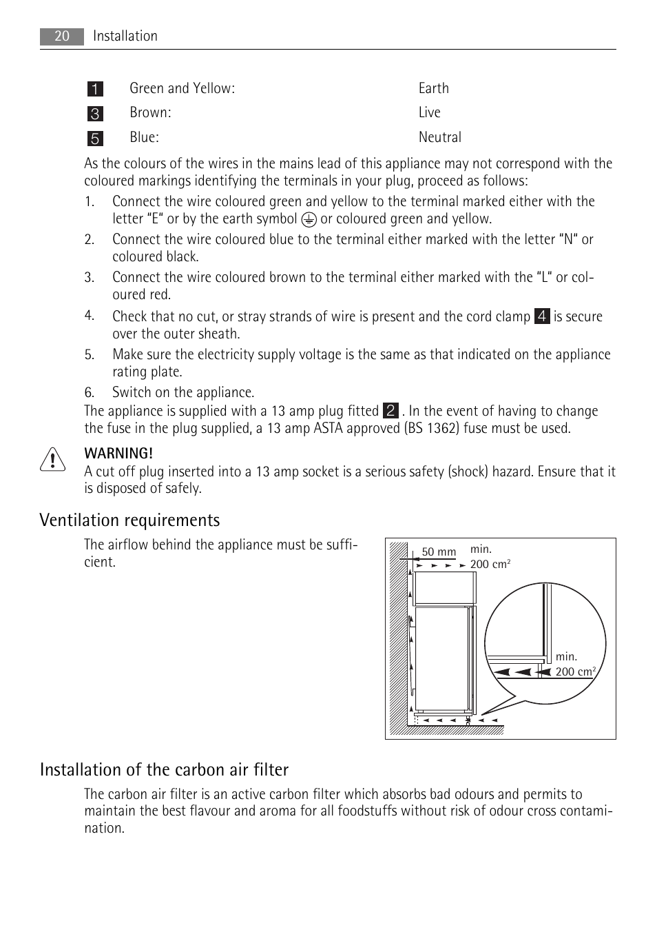 Ventilation requirements, Installation of the carbon air filter | AEG SKS61840S1 User Manual | Page 20 / 24