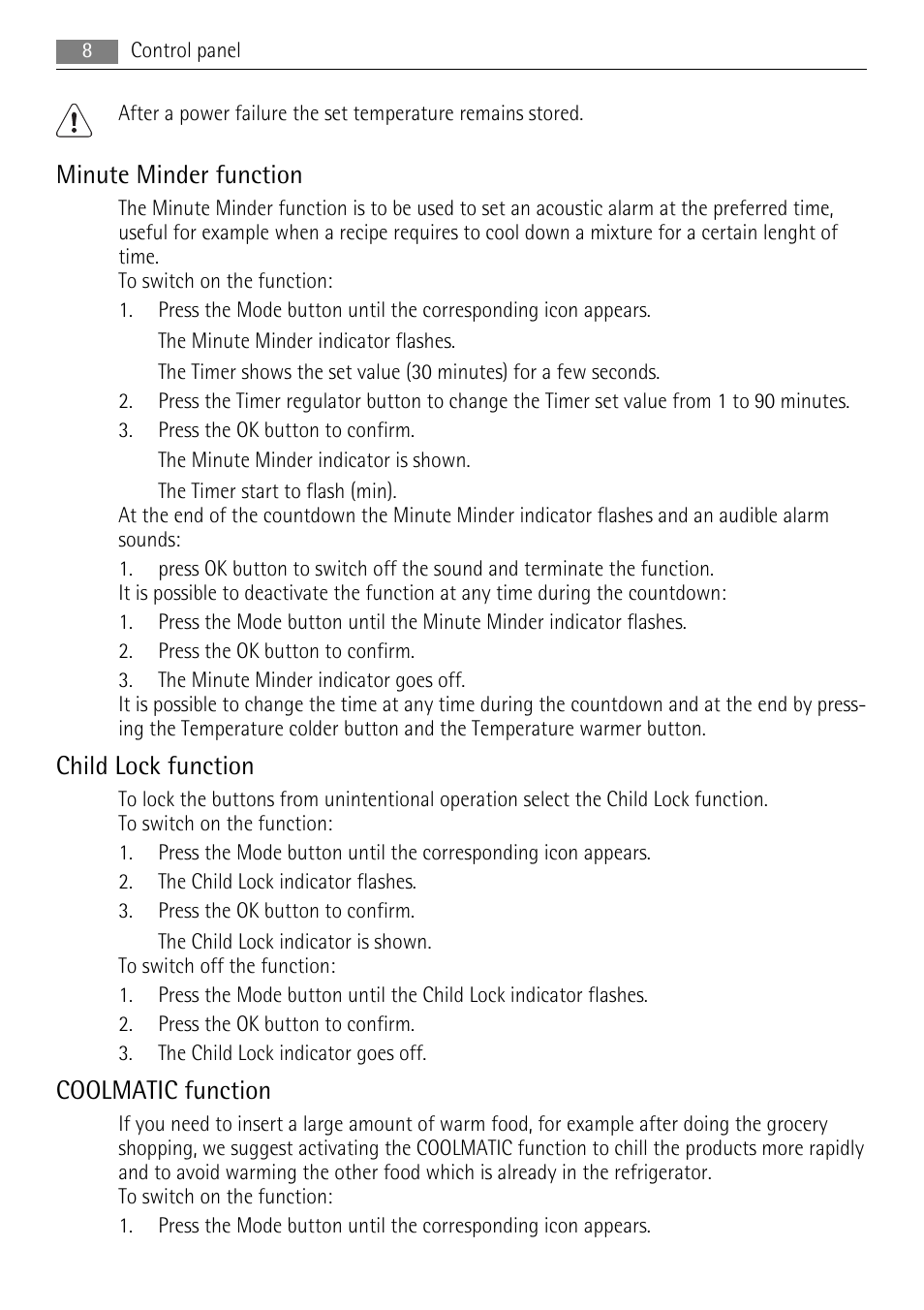 Minute minder function, Child lock function, Coolmatic function | AEG SKS61840S1 User Manual | Page 8 / 24