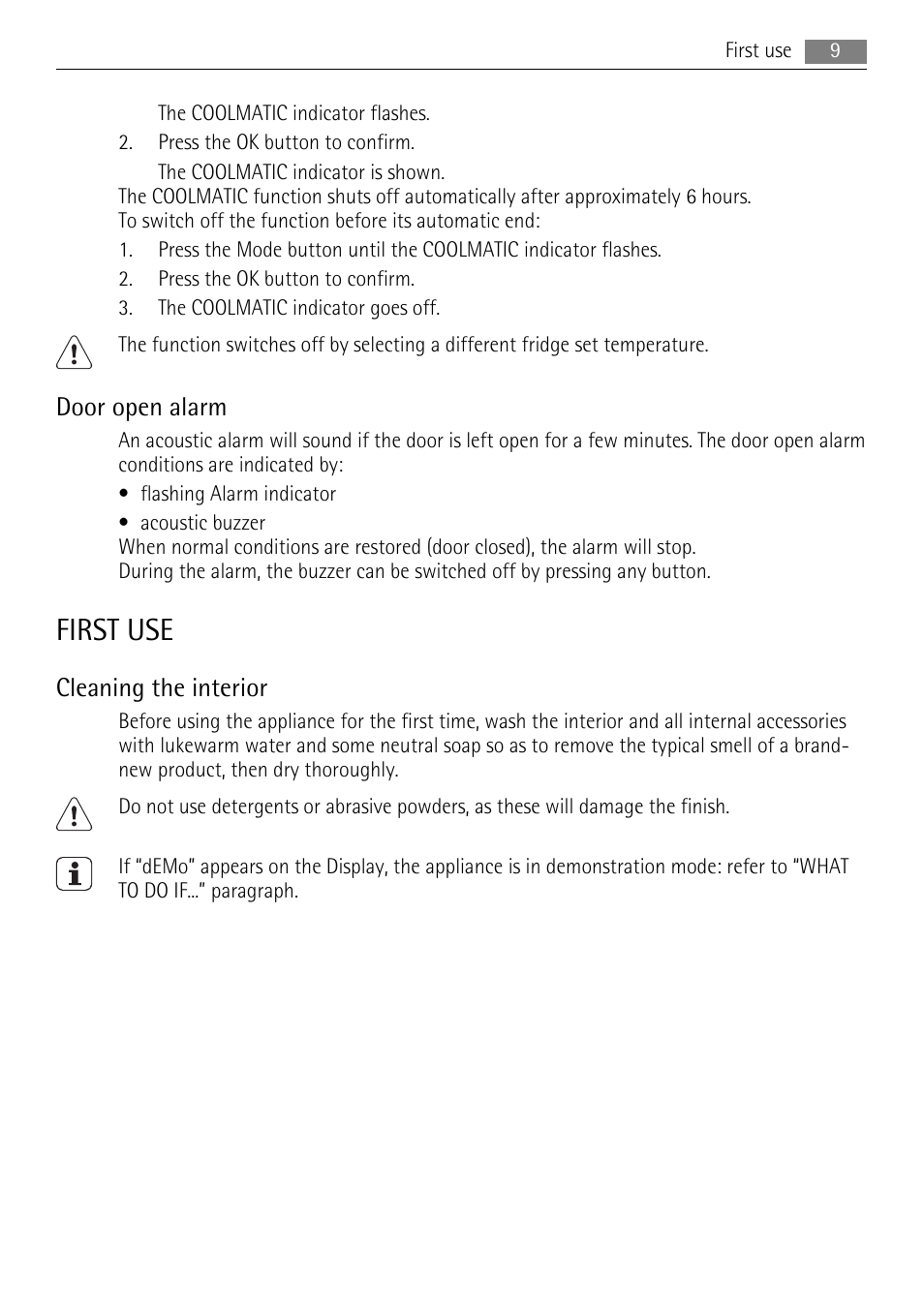 First use, Door open alarm, Cleaning the interior | AEG SKS61840S1 User Manual | Page 9 / 24