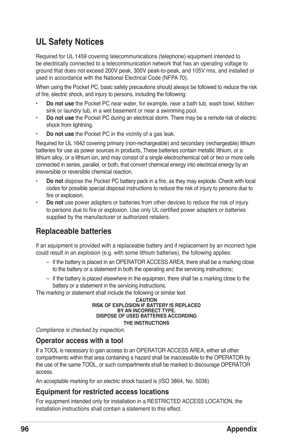 Ul safety notices, Replaceable batteries, 96 appendix | Operator access with a tool, Equipment for restricted access locations | Asus MyPal A639 User Manual | Page 102 / 104