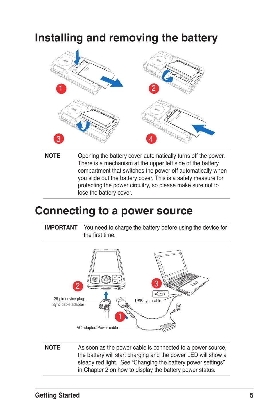 Installing and removing the battery, Connecting to a power source, Getting started 5 | Asus MyPal A639 User Manual | Page 11 / 104