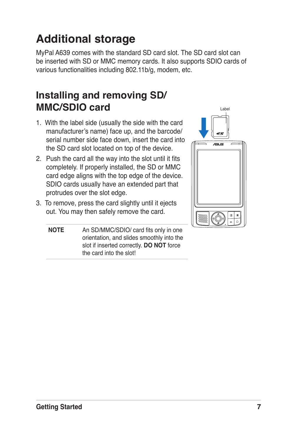 Additional storage, Installing and removing sd/ mmc/sdio card | Asus MyPal A639 User Manual | Page 13 / 104