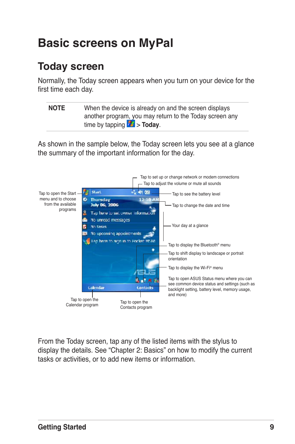 Basic screens on mypal, Today screen, Getting started 9 | Asus MyPal A639 User Manual | Page 15 / 104