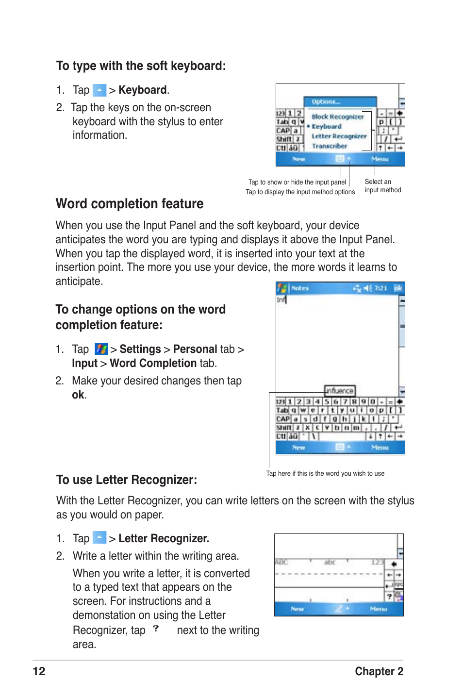 Word completion feature | Asus MyPal A639 User Manual | Page 18 / 104