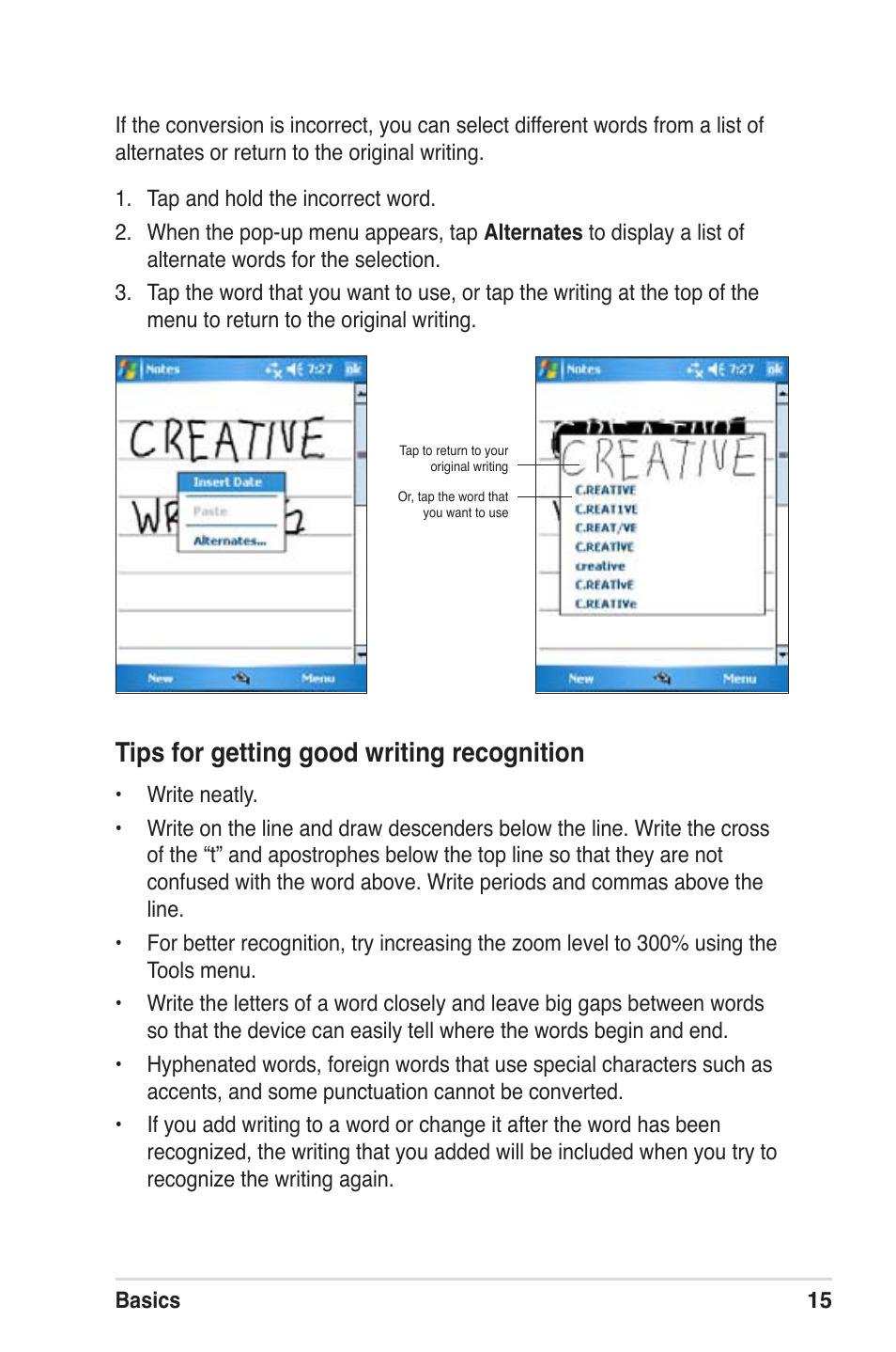 Tips for getting good writing recognition | Asus MyPal A639 User Manual | Page 21 / 104