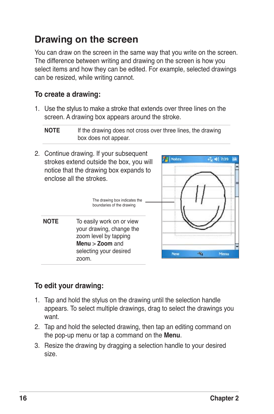 Drawing on the screen | Asus MyPal A639 User Manual | Page 22 / 104