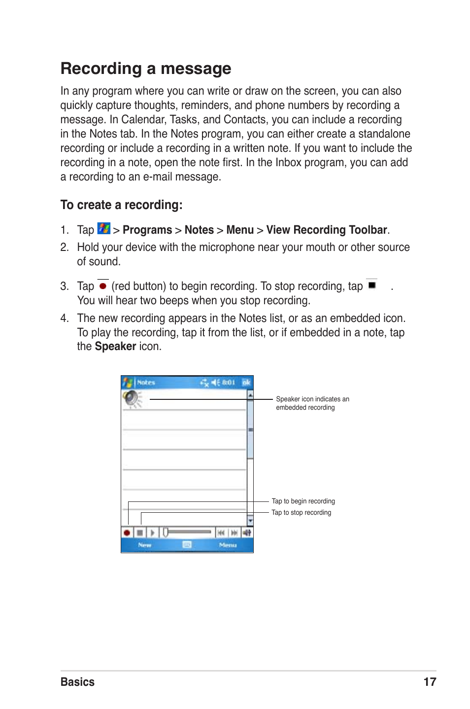 Recording a message | Asus MyPal A639 User Manual | Page 23 / 104