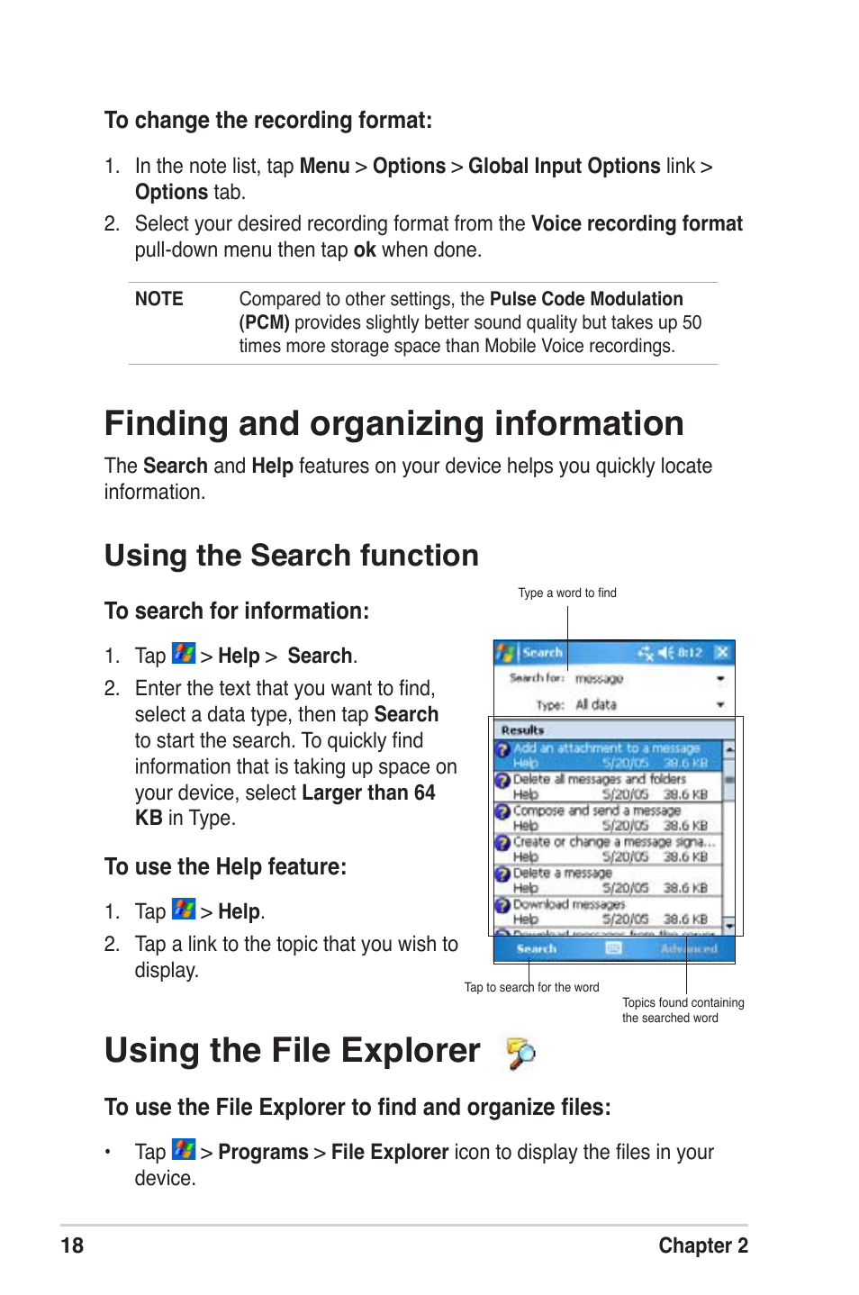 Finding and organizing information, Using the file explorer, Using the search function | Asus MyPal A639 User Manual | Page 24 / 104