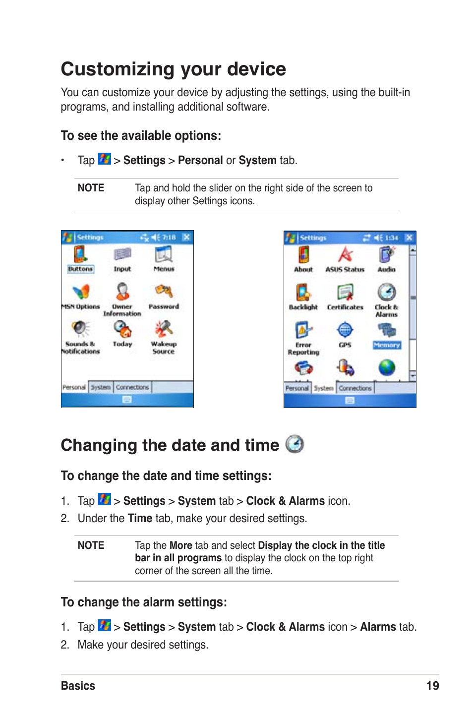 Customizing your device, Changing the date and time | Asus MyPal A639 User Manual | Page 25 / 104