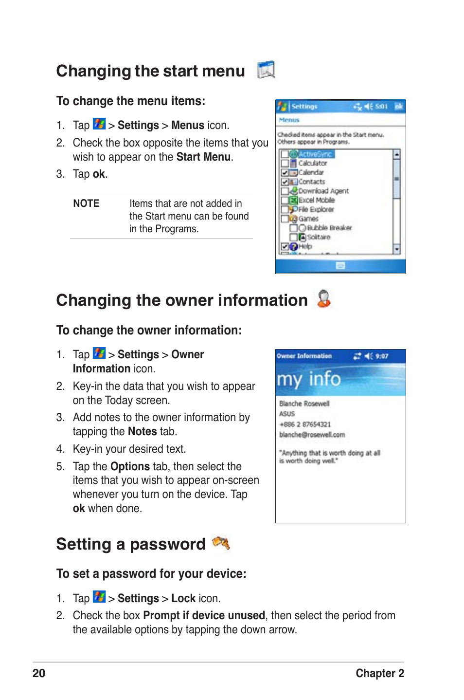 Changing the owner information, Changing the start menu, Setting a password | Asus MyPal A639 User Manual | Page 26 / 104