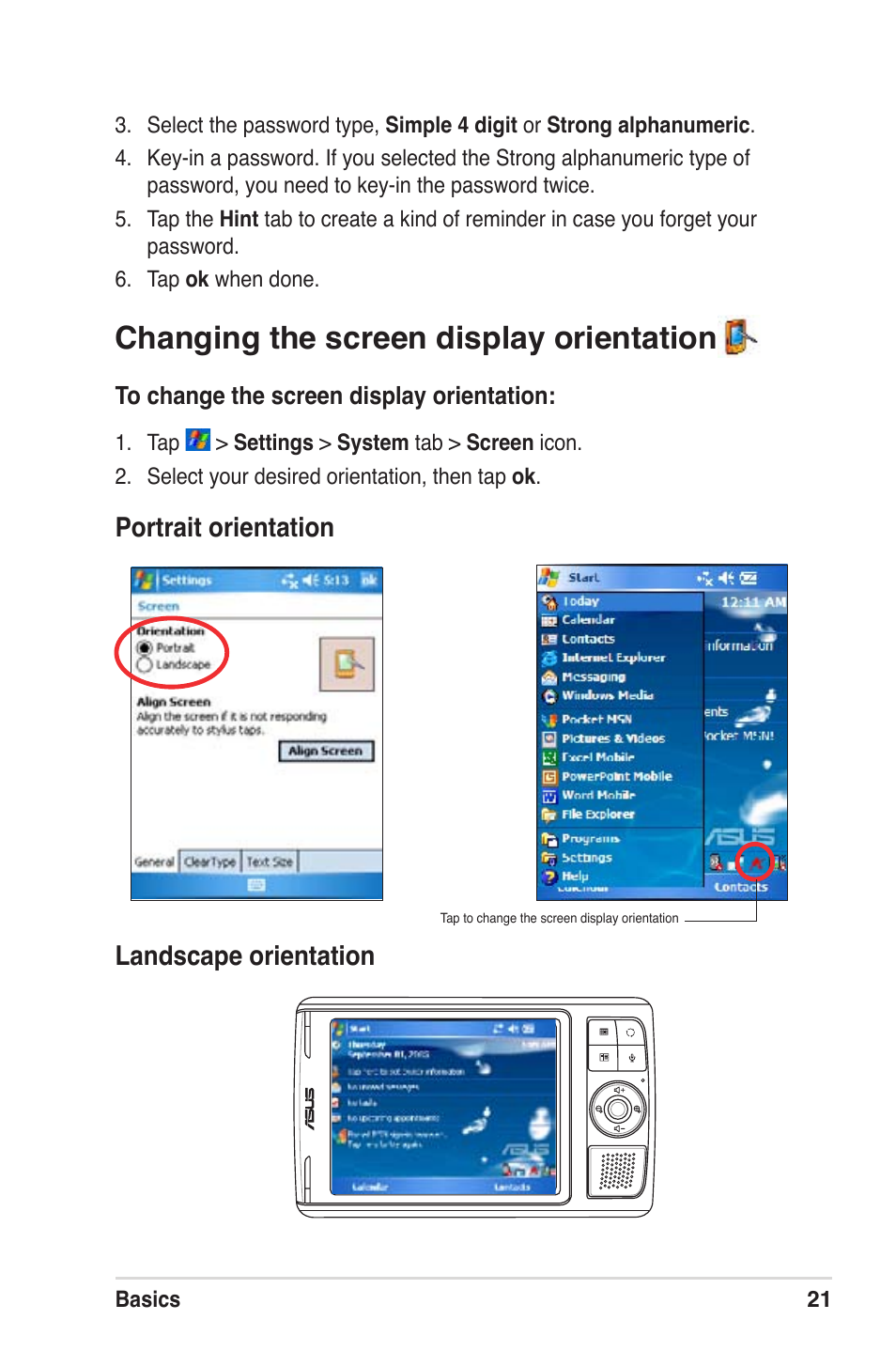 Changing the screen display orientation | Asus MyPal A639 User Manual | Page 27 / 104