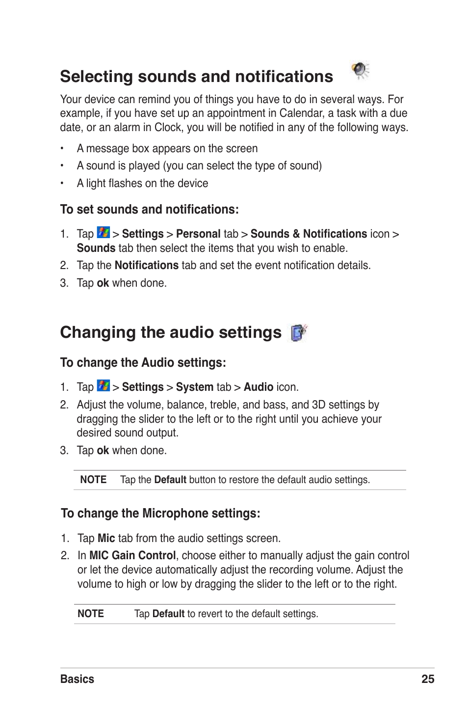 Changing the audio settings, Selecting sounds and notifications | Asus MyPal A639 User Manual | Page 31 / 104