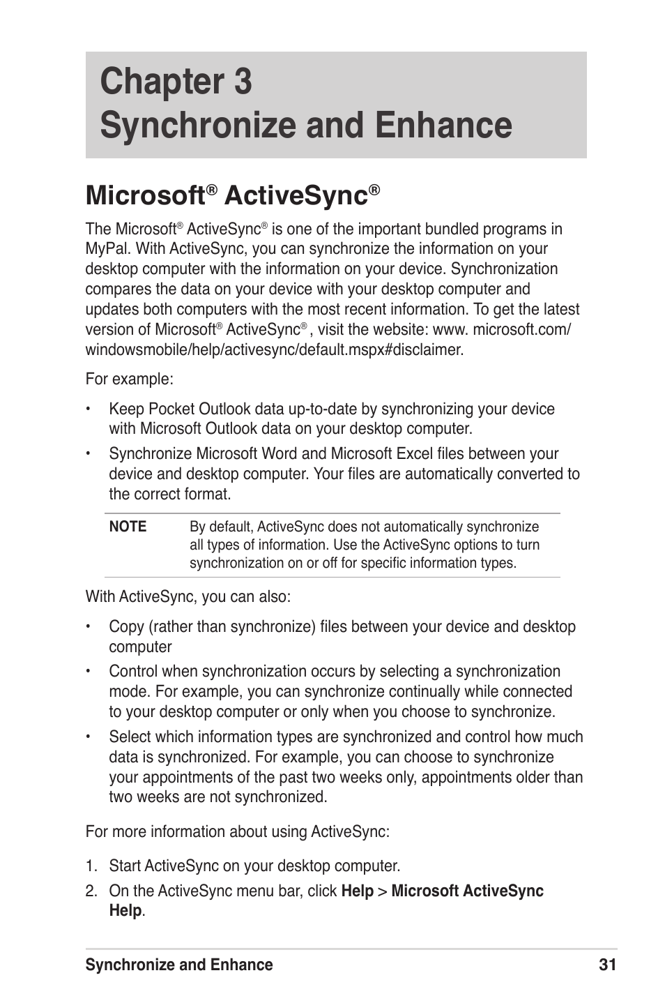 Chapter 3 synchronize and enhance, Microsoft, Activesync | Asus MyPal A639 User Manual | Page 37 / 104