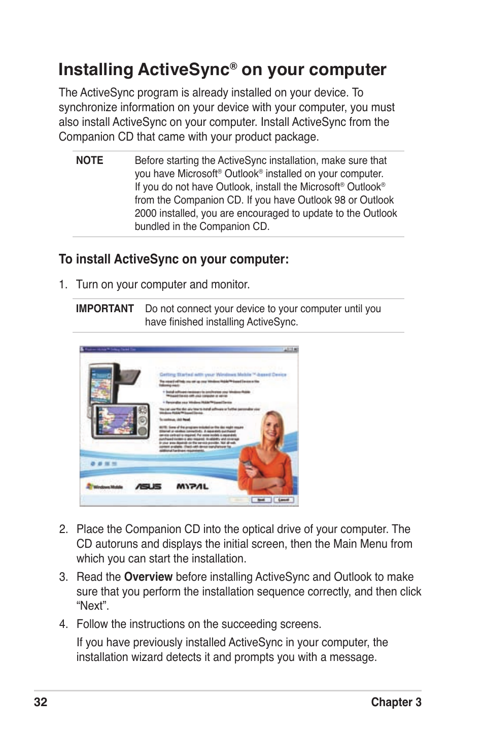 Installing activesync, On your computer | Asus MyPal A639 User Manual | Page 38 / 104