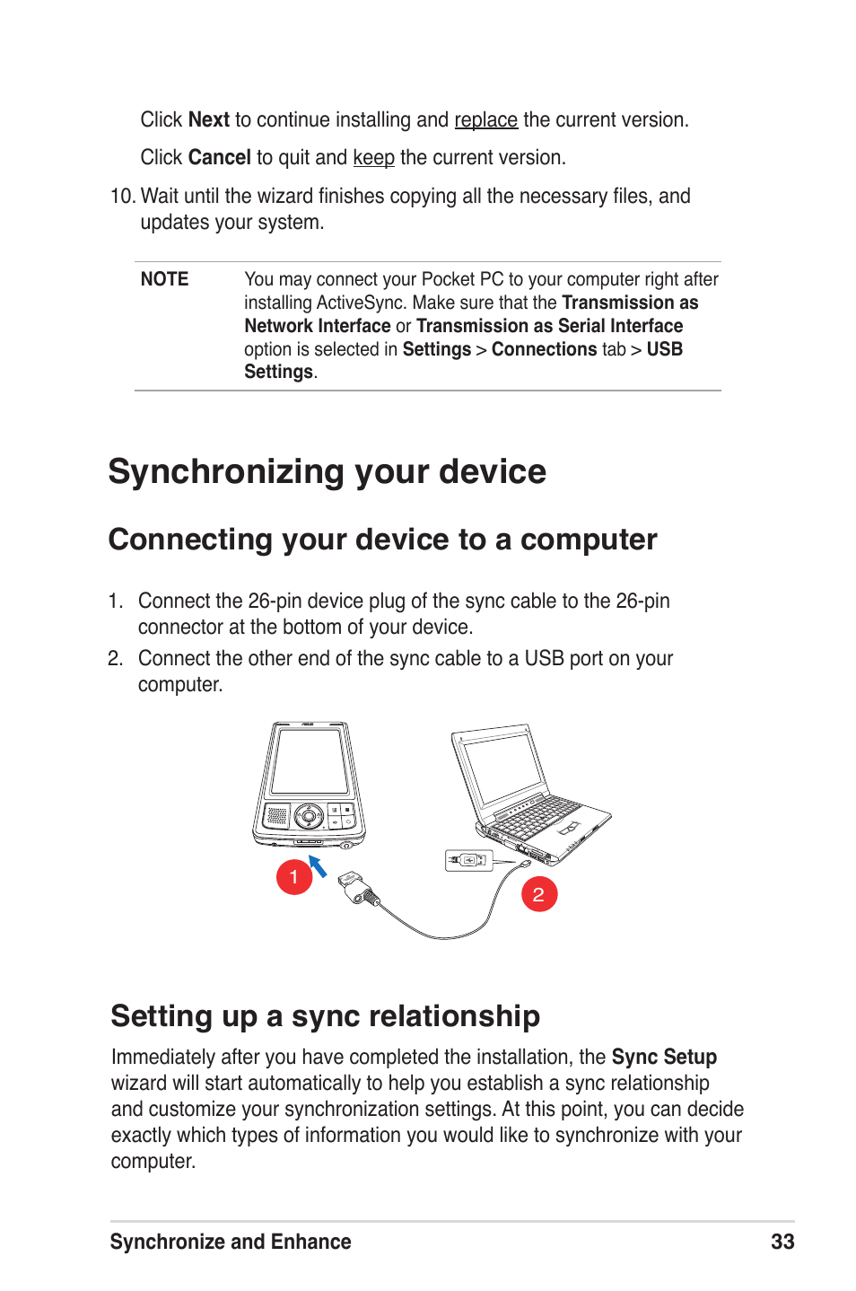 Synchronizing your device, Connecting your device to a computer, Setting up a sync relationship | Asus MyPal A639 User Manual | Page 39 / 104