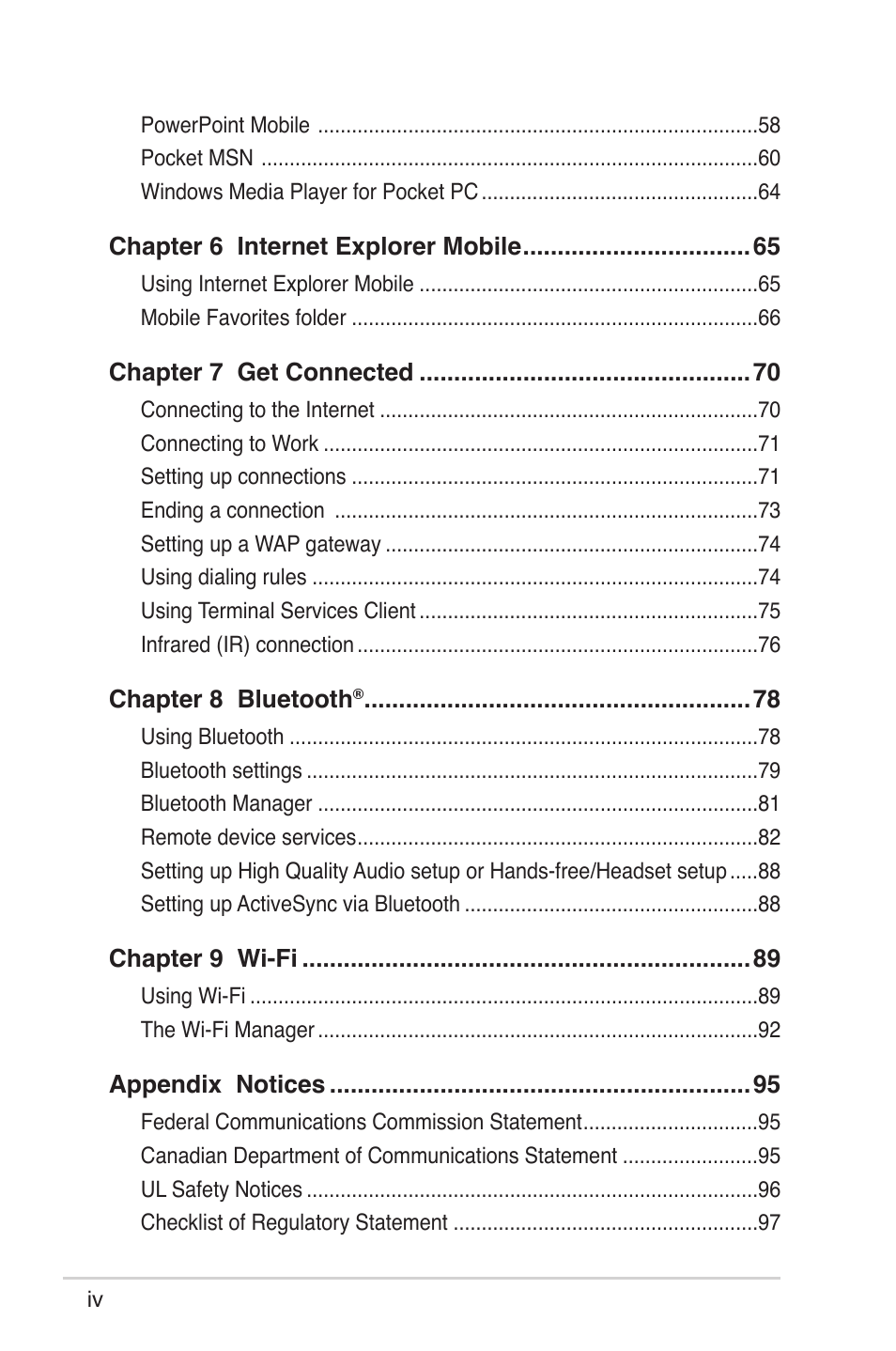 Asus MyPal A639 User Manual | Page 4 / 104