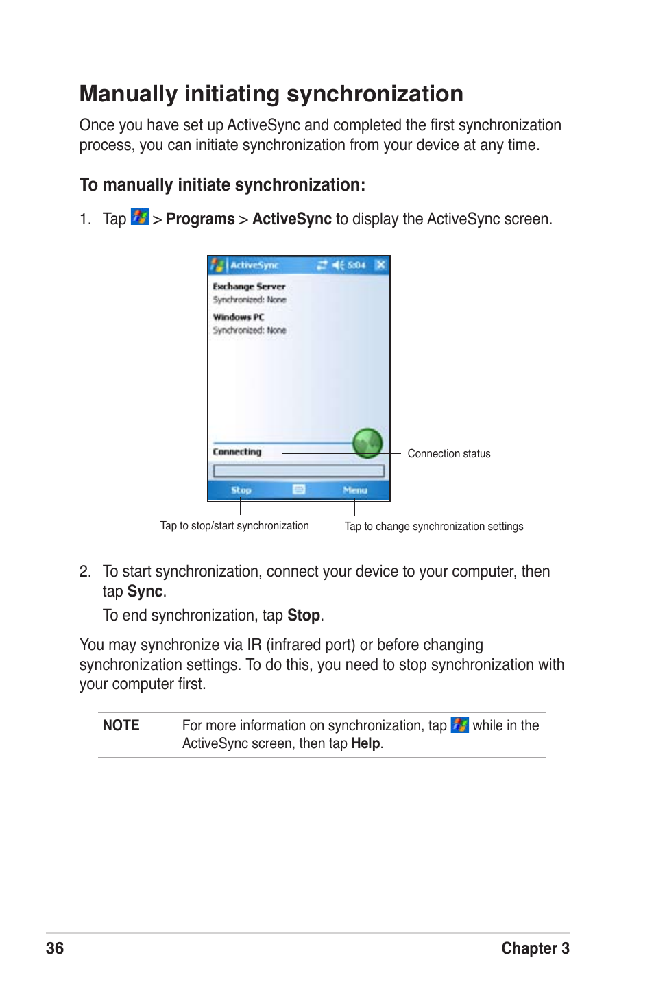 Manually initiating synchronization | Asus MyPal A639 User Manual | Page 42 / 104