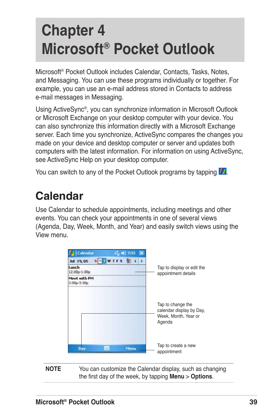 Chapter 4 microsoft, Pocket outlook, Calendar | Asus MyPal A639 User Manual | Page 45 / 104