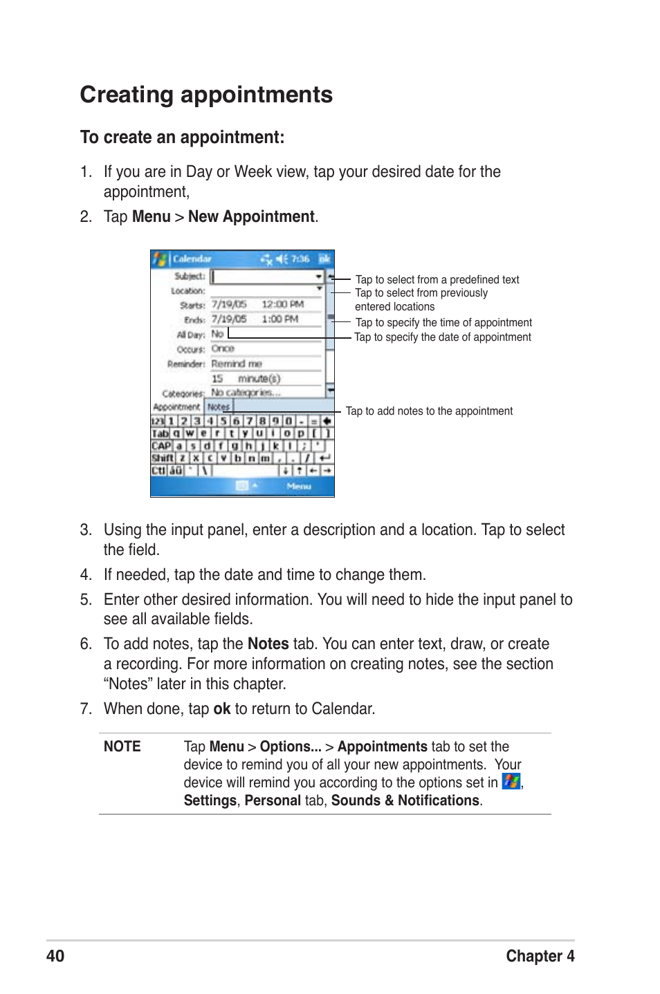 Creating appointments | Asus MyPal A639 User Manual | Page 46 / 104