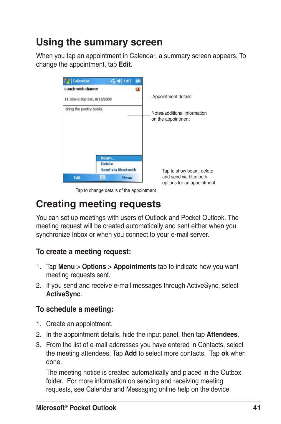 Using the summary screen, Creating meeting requests | Asus MyPal A639 User Manual | Page 47 / 104