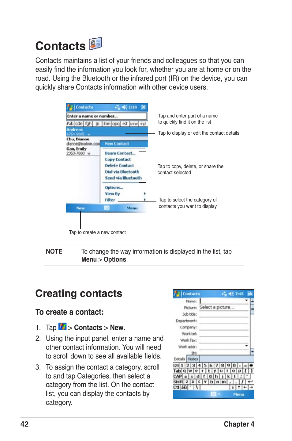 Contacts, Creating contacts | Asus MyPal A639 User Manual | Page 48 / 104