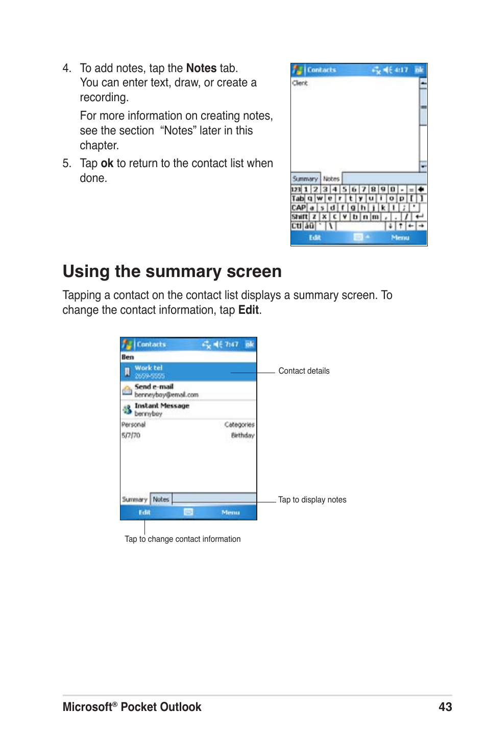 Using the summary screen | Asus MyPal A639 User Manual | Page 49 / 104