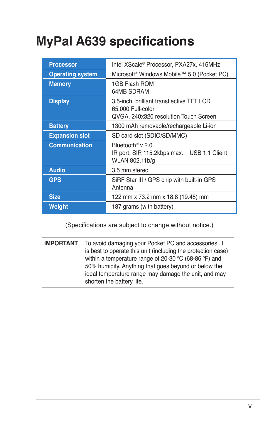 Mypal a639 specifications | Asus MyPal A639 User Manual | Page 5 / 104