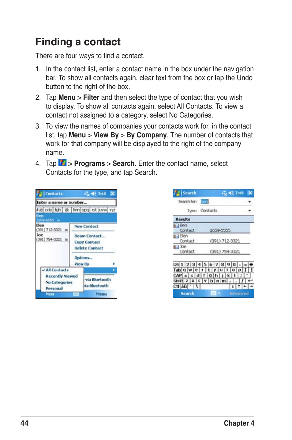 Finding a contact | Asus MyPal A639 User Manual | Page 50 / 104