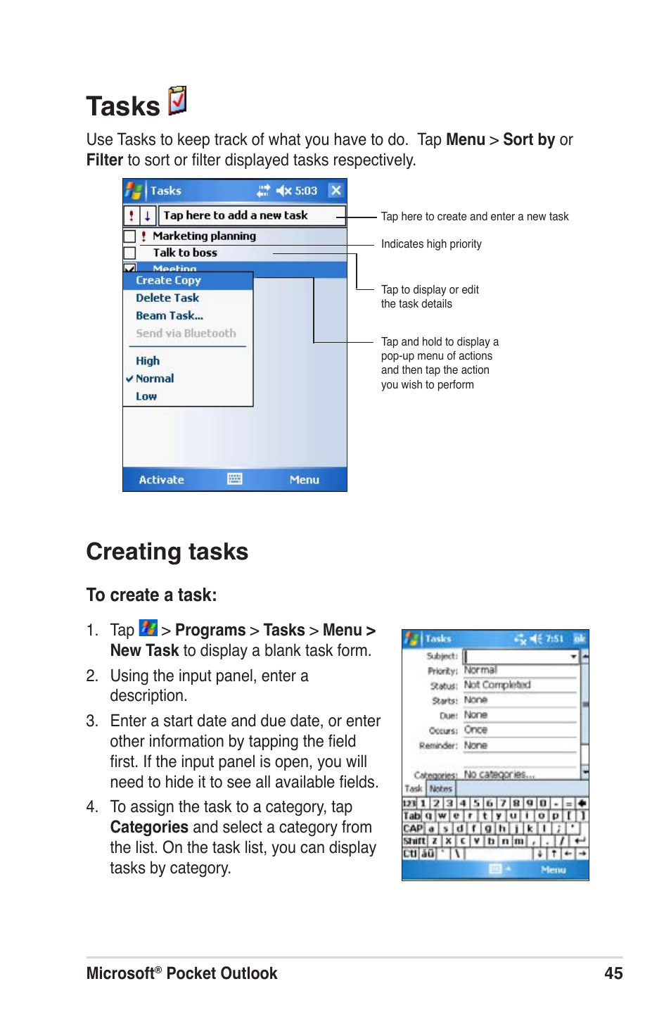 Tasks, Creating tasks | Asus MyPal A639 User Manual | Page 51 / 104