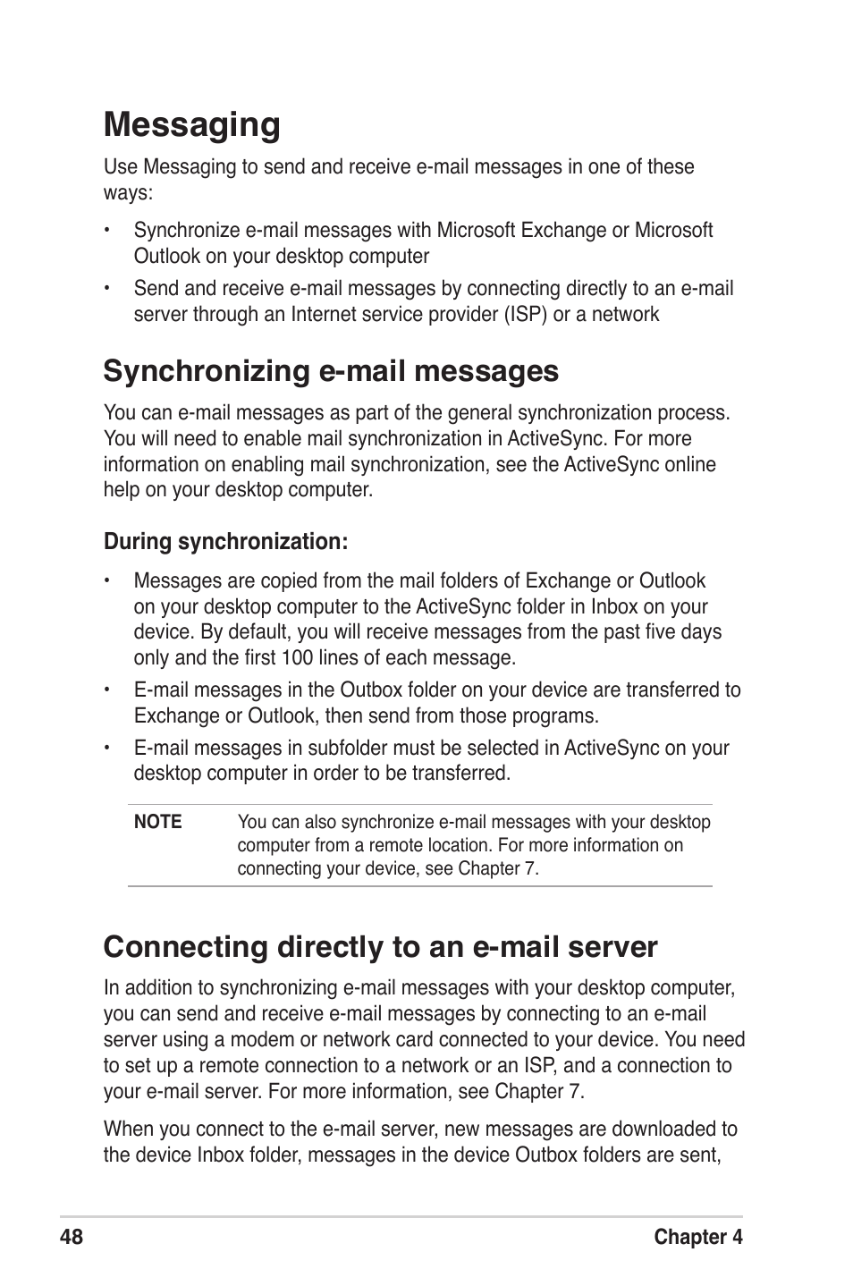 Messaging, Connecting directly to an e-mail server, Synchronizing e-mail messages | Asus MyPal A639 User Manual | Page 54 / 104