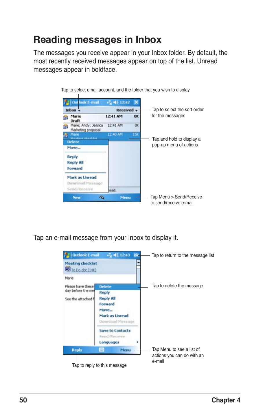 Reading messages in inbox, 50 chapter 4 | Asus MyPal A639 User Manual | Page 56 / 104