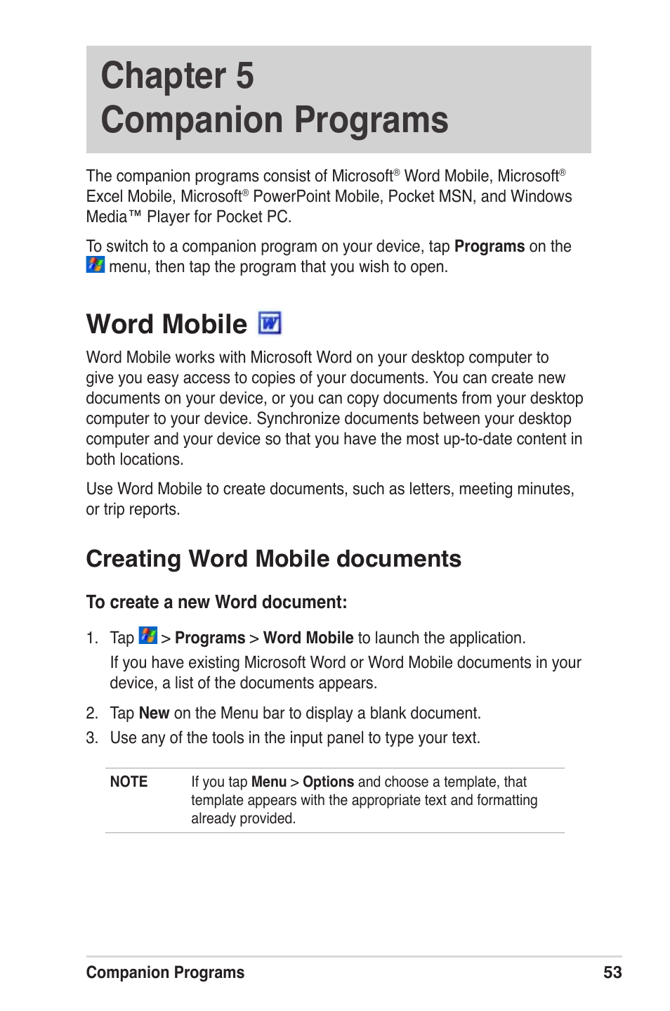 Chapter 5 companion programs, Word mobile, Creating word mobile documents | Asus MyPal A639 User Manual | Page 59 / 104