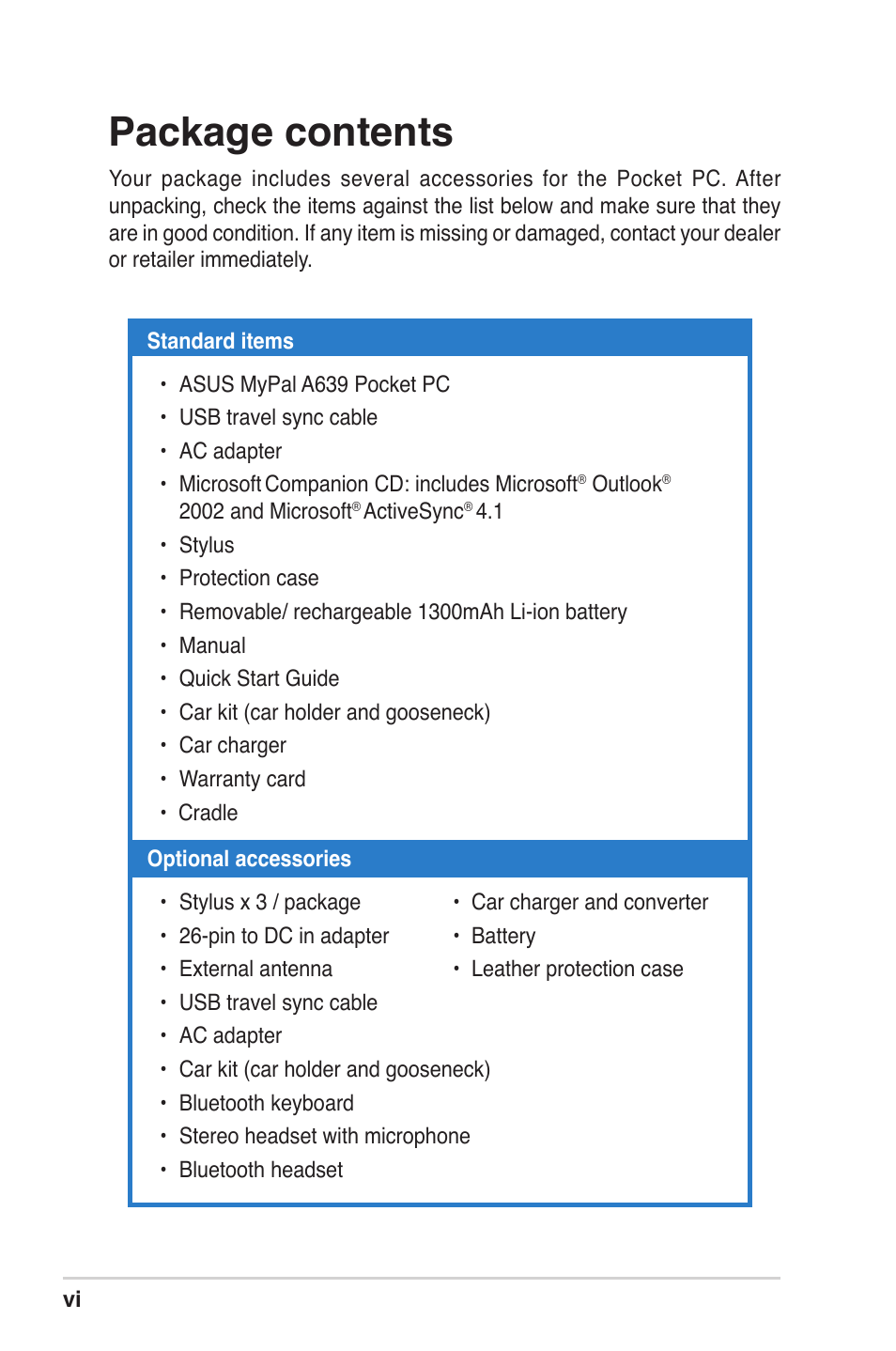 Package contents | Asus MyPal A639 User Manual | Page 6 / 104