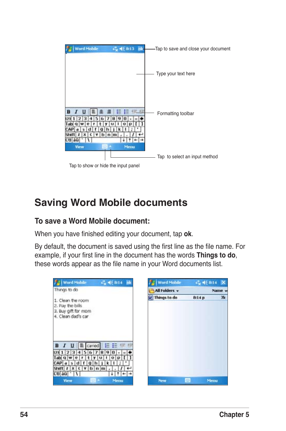 Saving word mobile documents | Asus MyPal A639 User Manual | Page 60 / 104