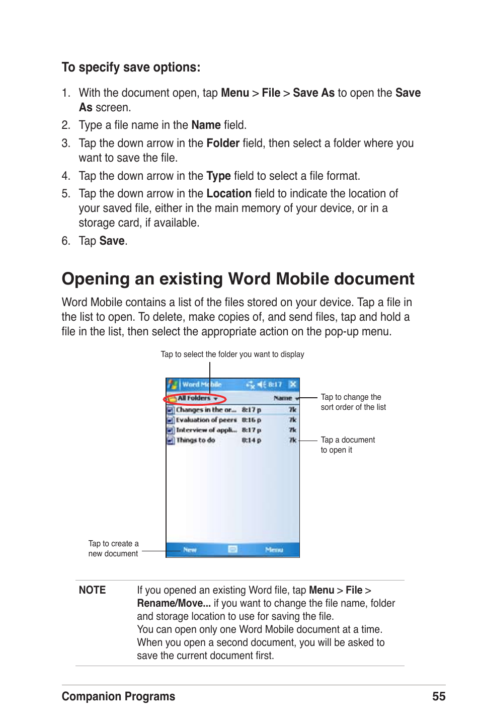 Opening an existing word mobile document | Asus MyPal A639 User Manual | Page 61 / 104