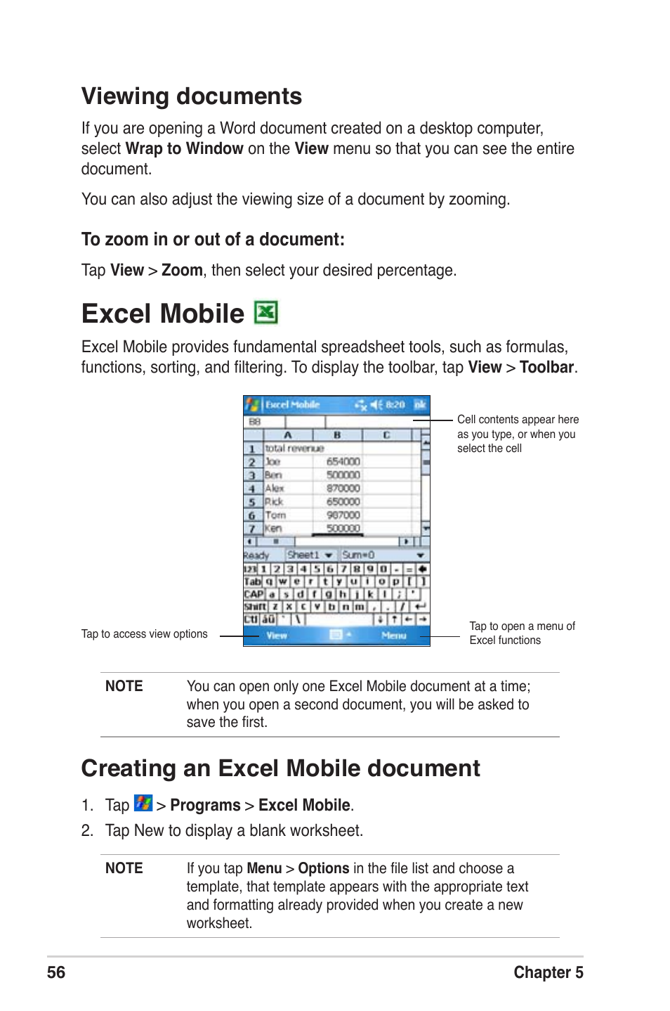 Excel mobile, Viewing documents, Creating an excel mobile document | Asus MyPal A639 User Manual | Page 62 / 104