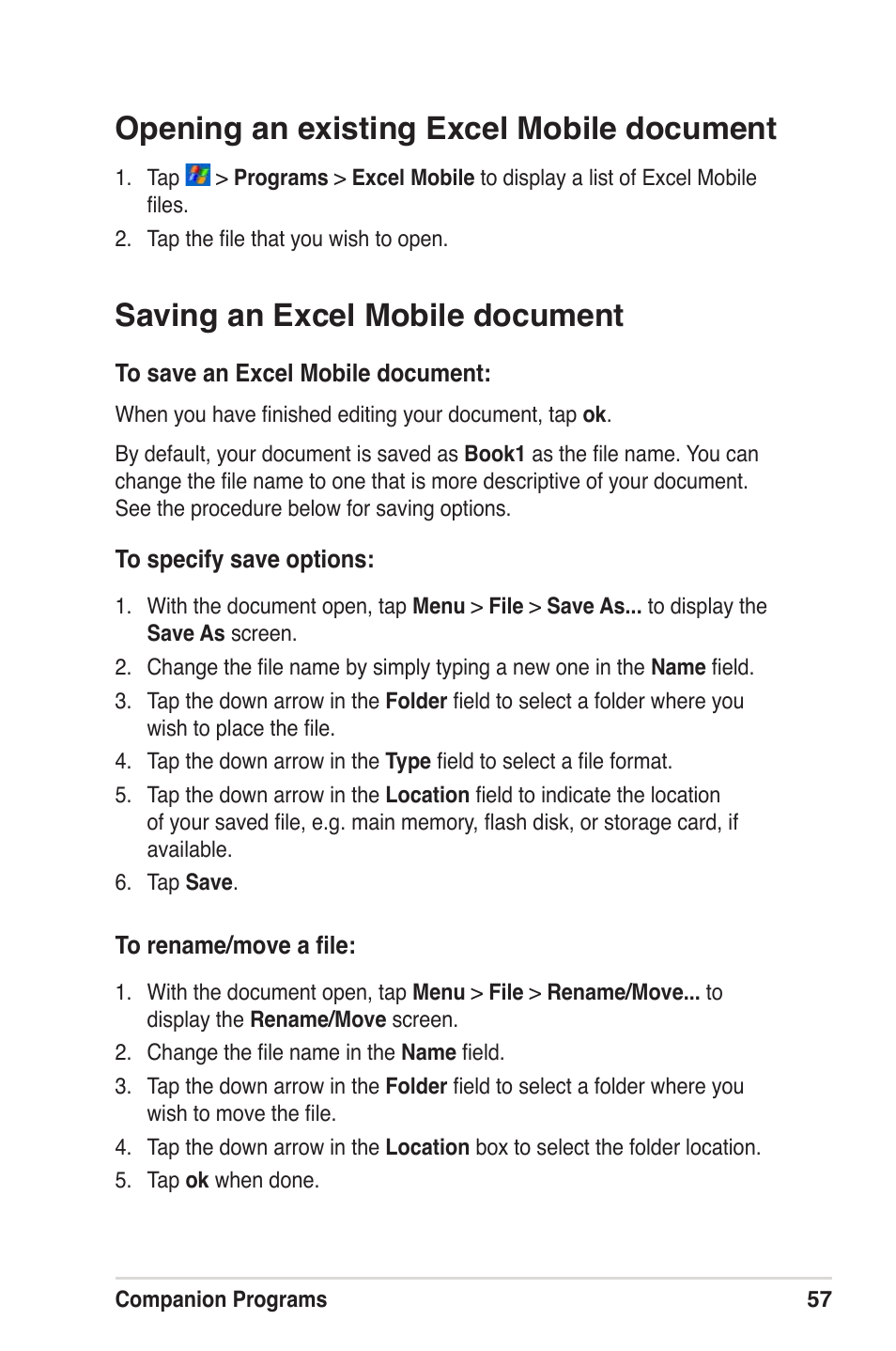 Opening an existing excel mobile document, Saving an excel mobile document | Asus MyPal A639 User Manual | Page 63 / 104