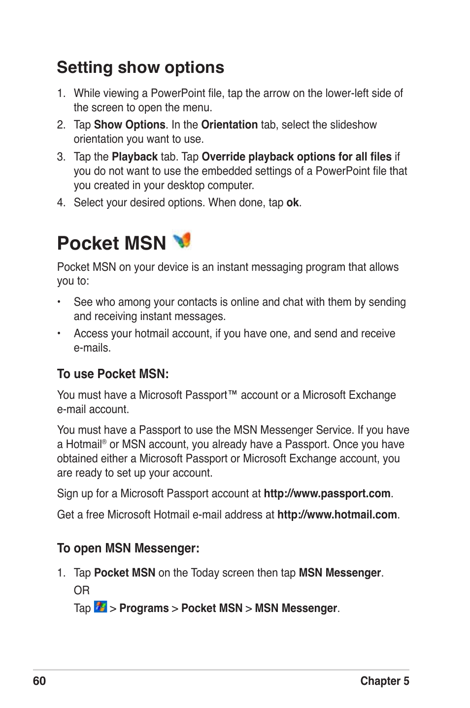 Pocket msn, Setting show options | Asus MyPal A639 User Manual | Page 66 / 104