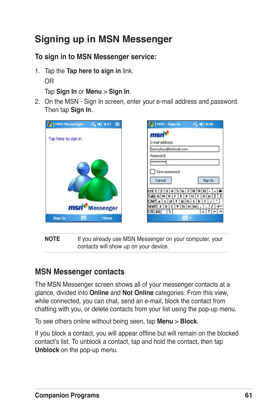 Signing up in msn messenger, Msn messenger contacts | Asus MyPal A639 User Manual | Page 67 / 104