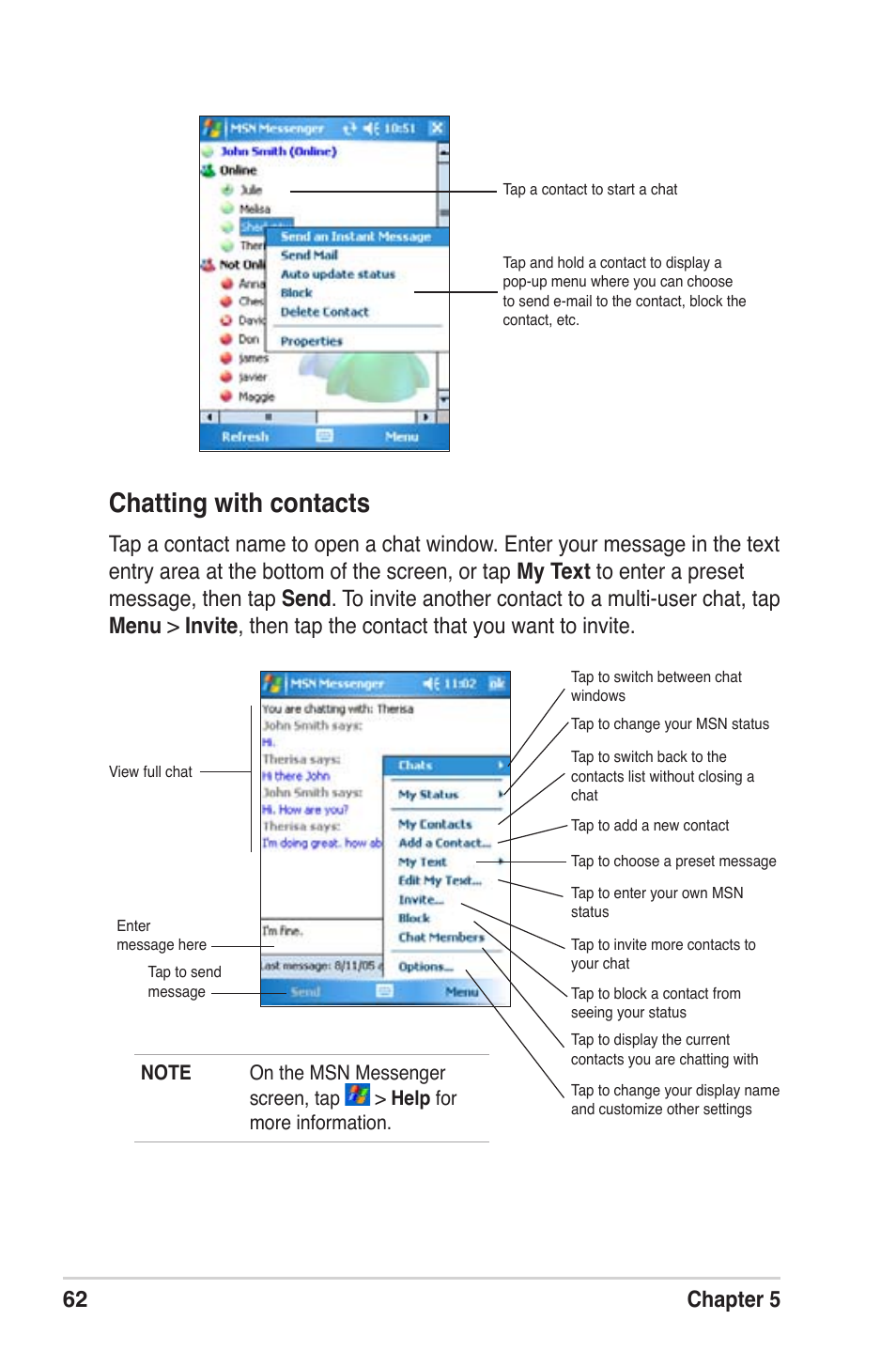 Chatting with contacts, 62 chapter 5 | Asus MyPal A639 User Manual | Page 68 / 104