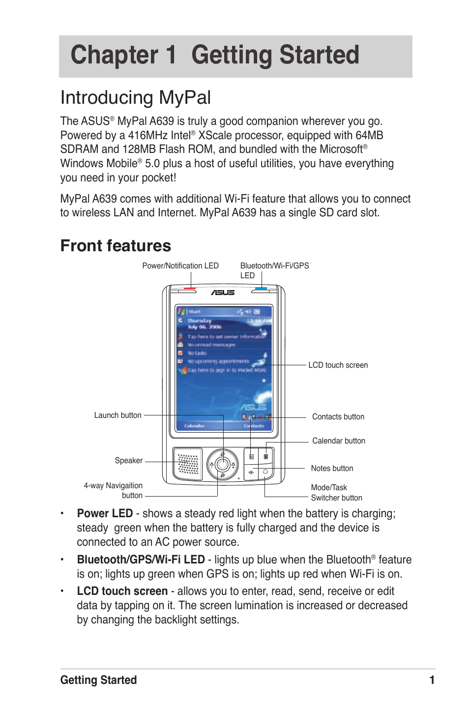 Chapter 1 getting started, Introducing mypal, Front features | Asus MyPal A639 User Manual | Page 7 / 104